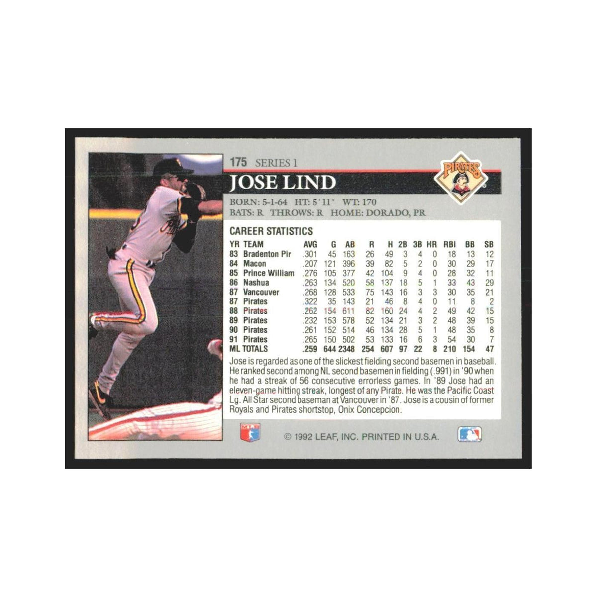 1992 Leaf Jose Lind Pirates #175.0