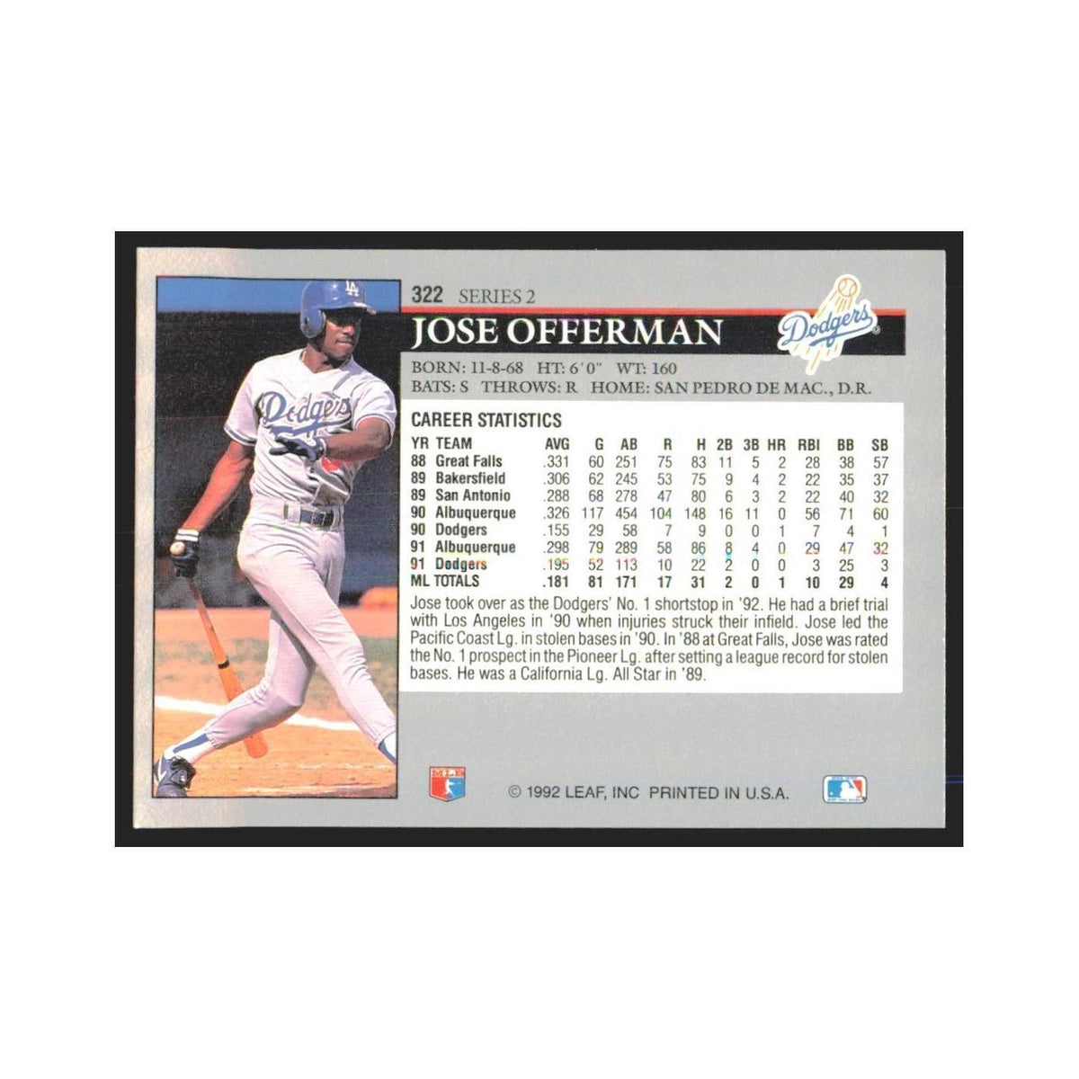 1992 Leaf Jose Offerman Dodgers #322.0