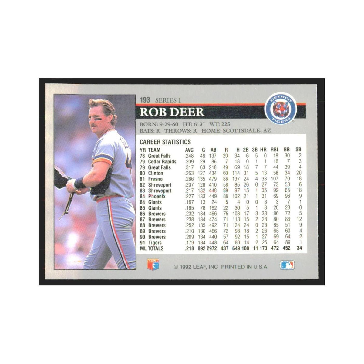 1992 Leaf Rob Deer Tigers #193.0