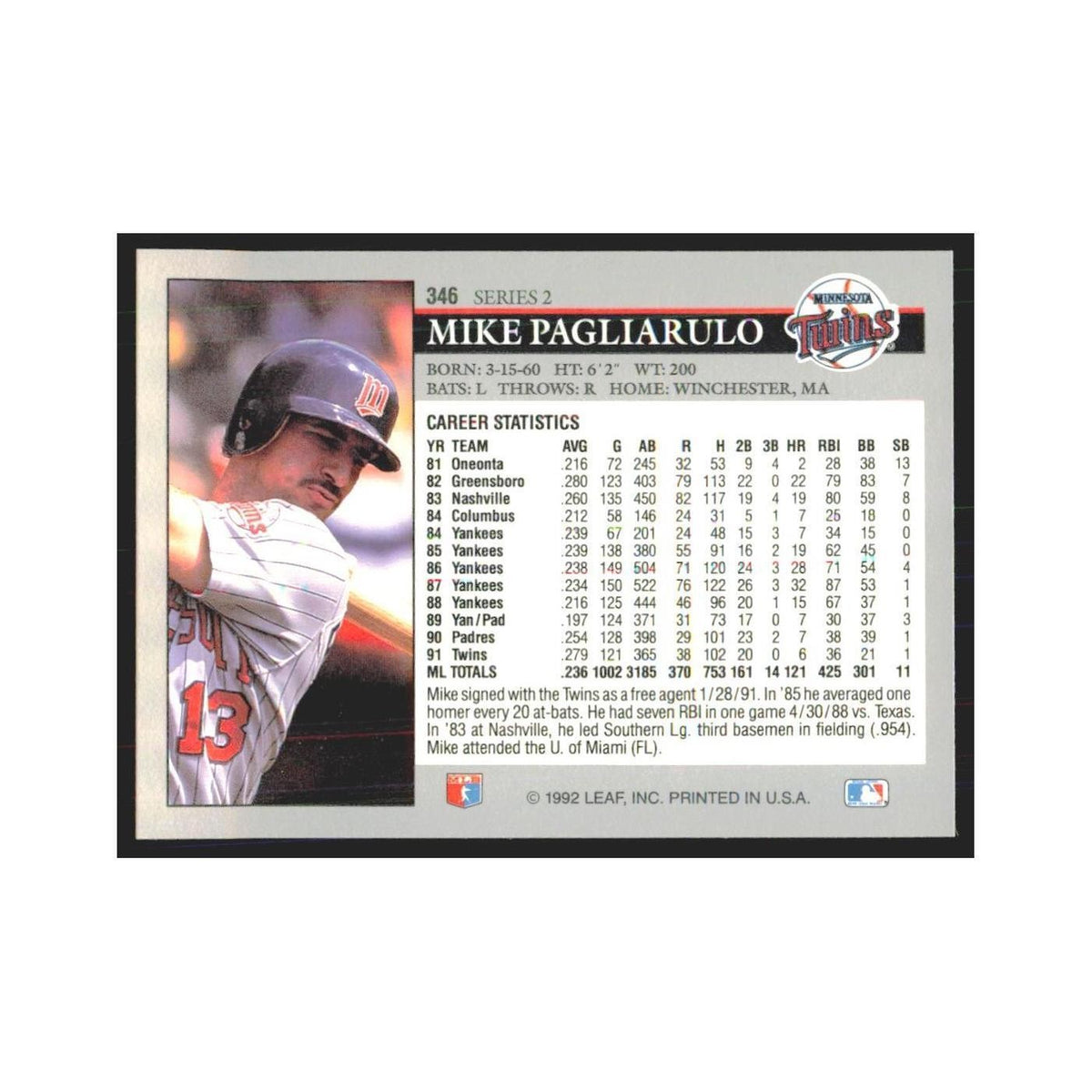 1992 Leaf Mike Pagliarulo Twins #346.0