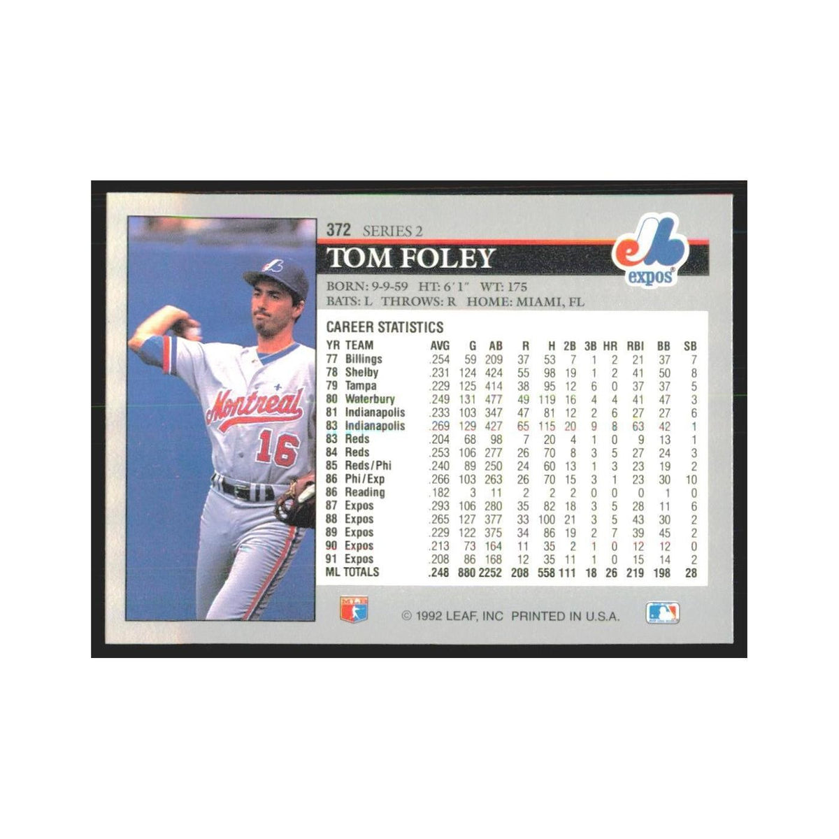 1992 Leaf Tom Foley Montreal Expos #372.0