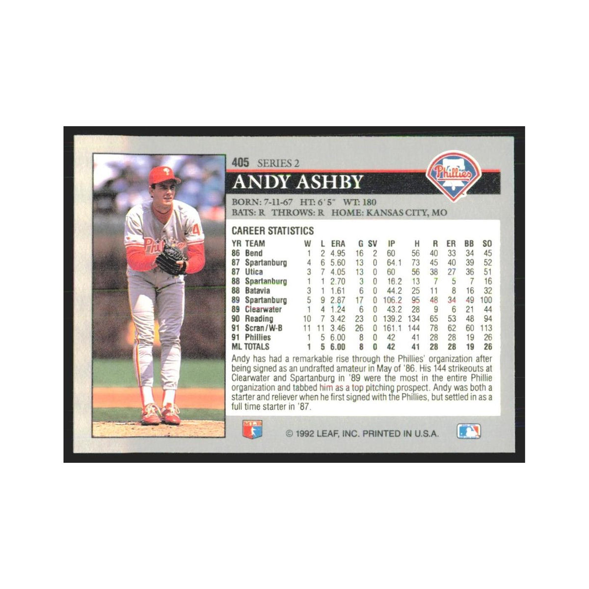 1992 Leaf Andy Ashby Phillies #405.0