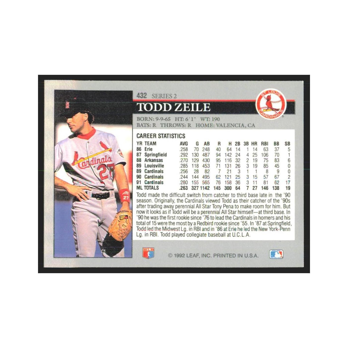 1992 Leaf Todd Zeile Cardinals #432.0