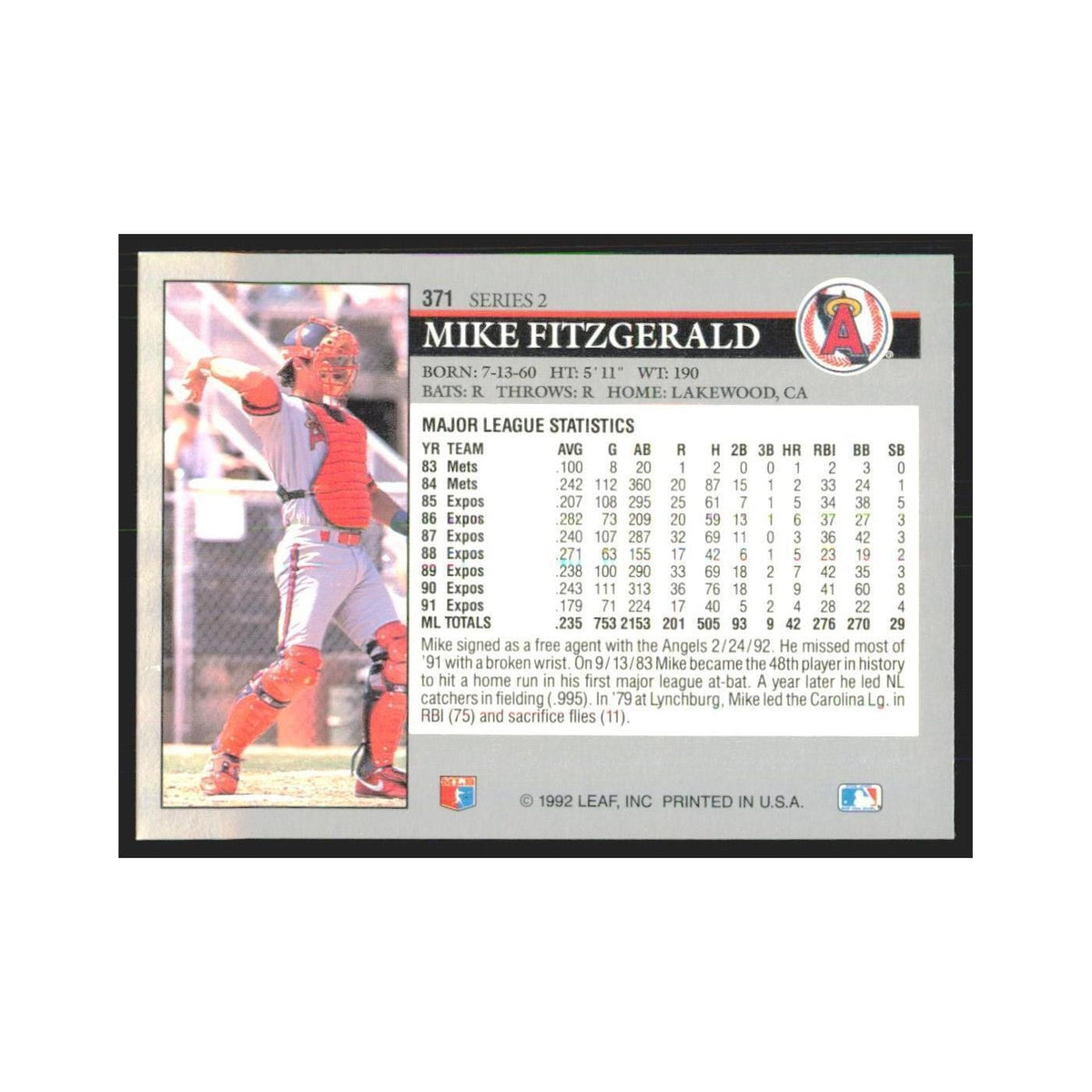1992 Leaf Mike Fitzgerald Angels #371.0