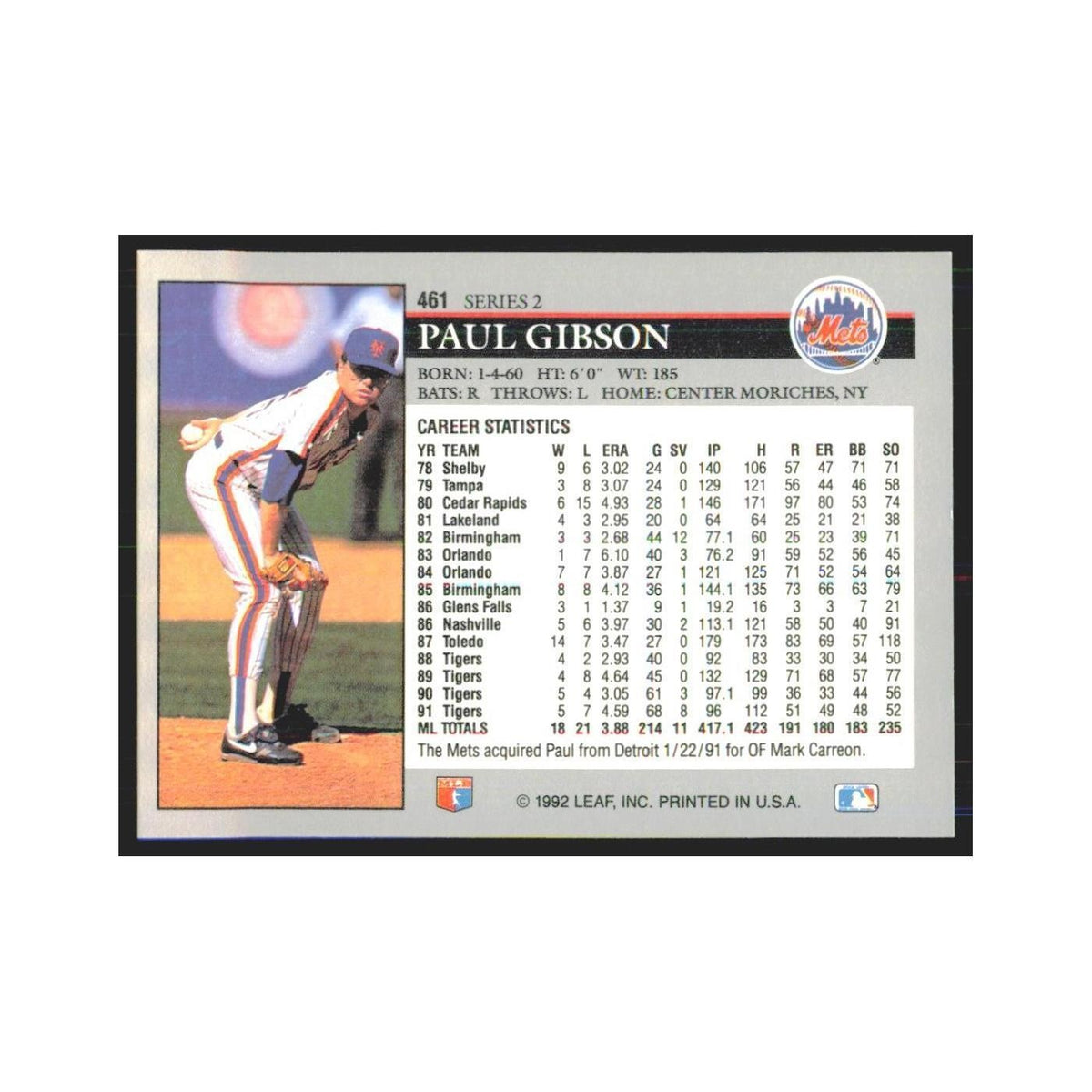 1992 Leaf Paul Gibson Mets #461.0