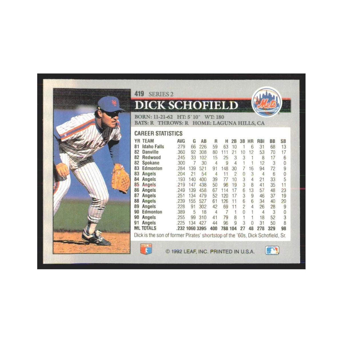 1992 Leaf Dick Schofield Mets #419.0