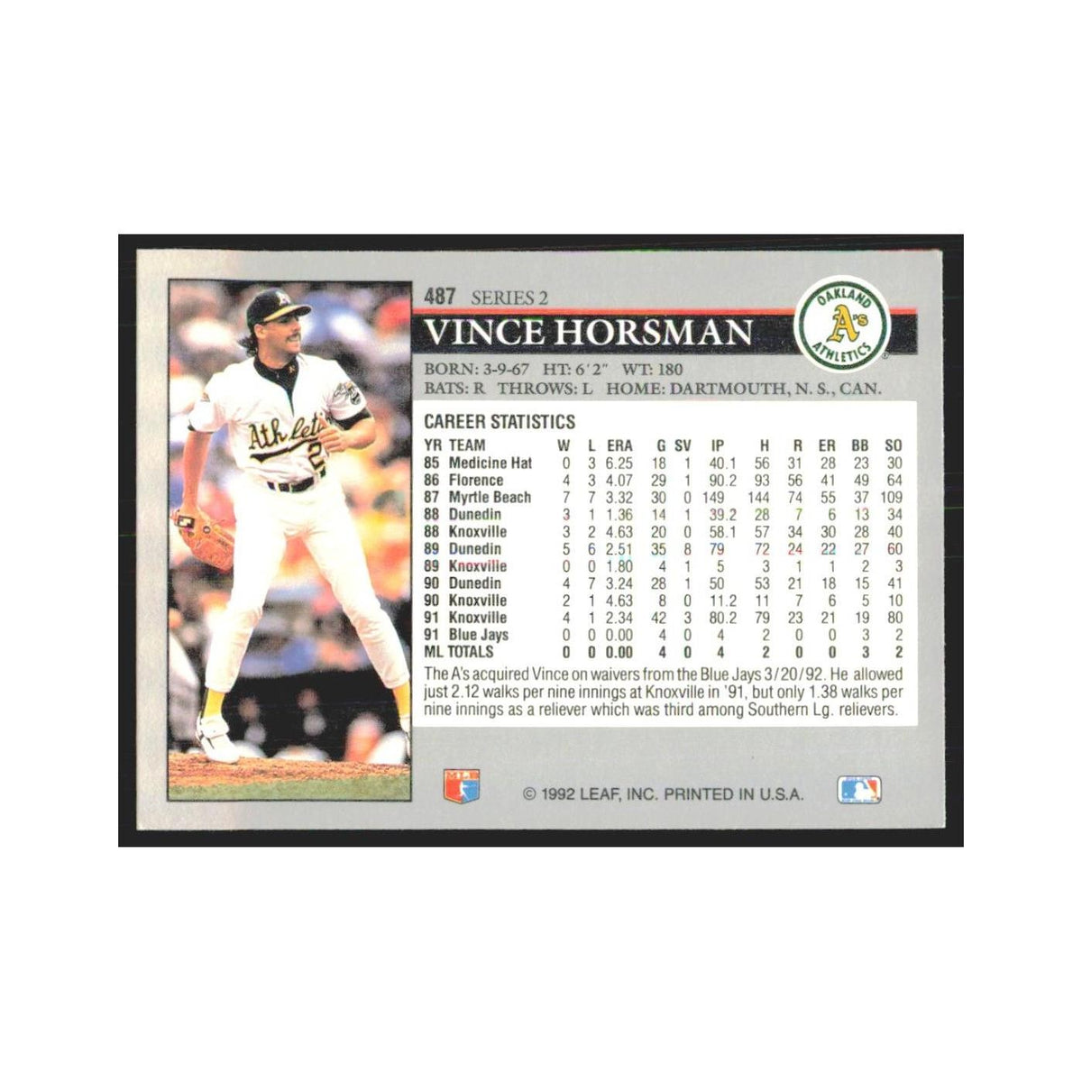 1992 Leaf Vince Horsman Athletics #487.0