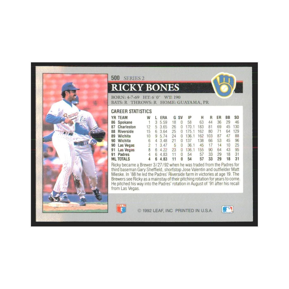 1992 Leaf Ricky Bones Brewers #500.0