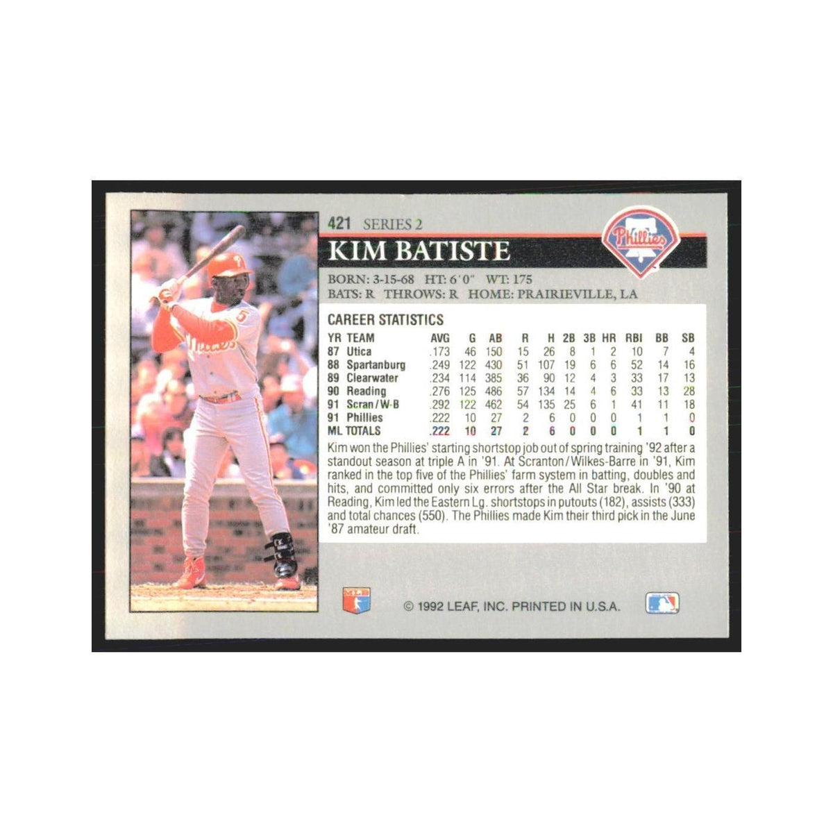 1992 Leaf Kim Batiste Phillies #421.0