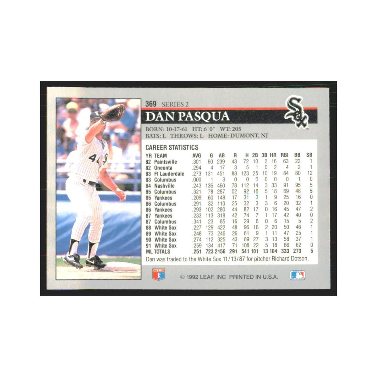 1992 Leaf Dan Pasqua White Sox #369.0