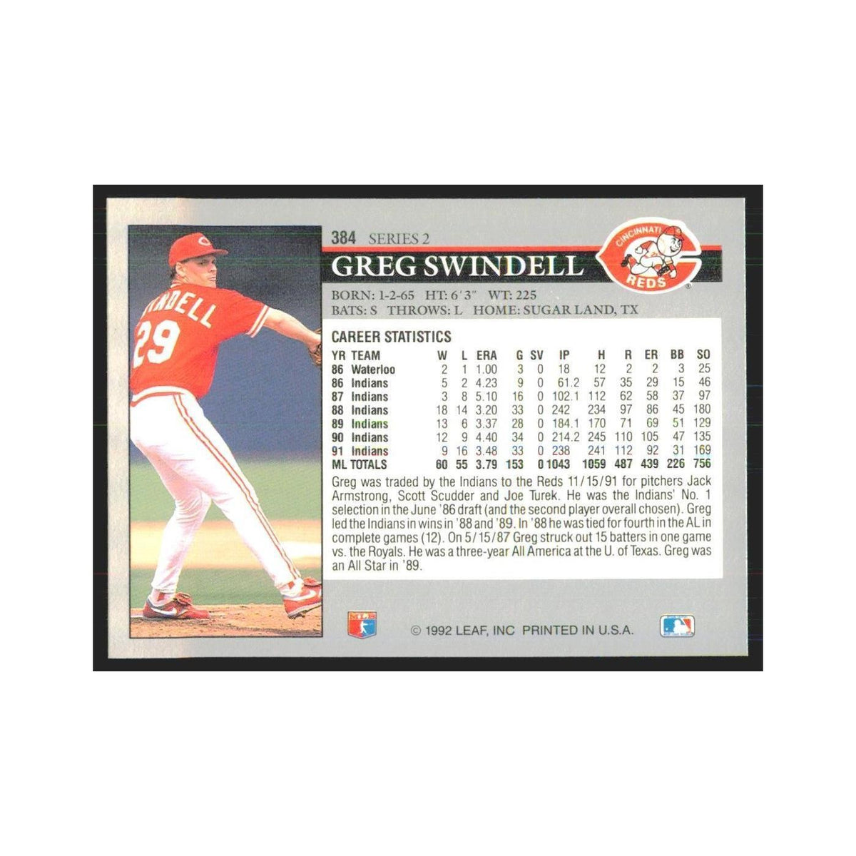 1992 Leaf Greg Swindell Reds #384.0
