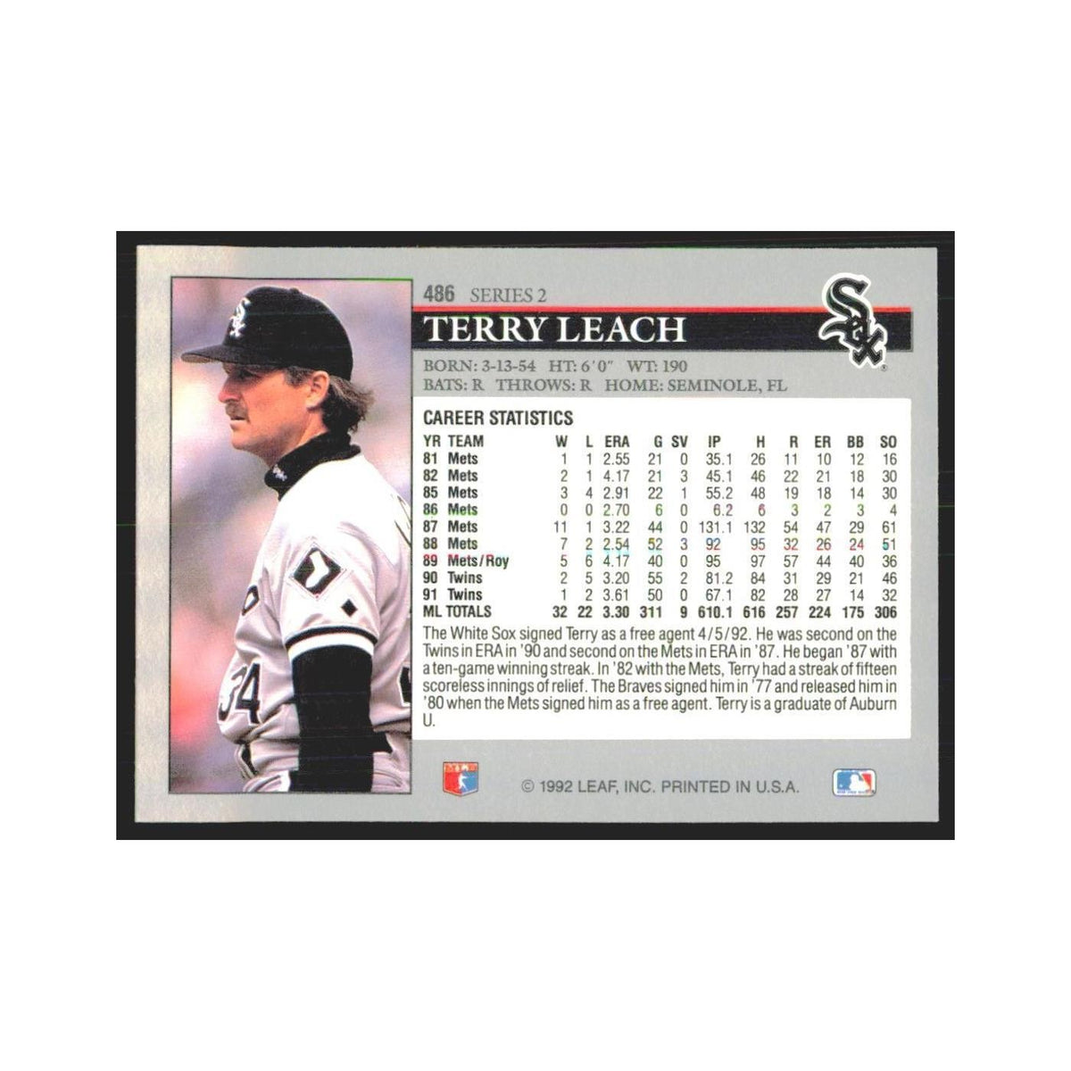1992 Leaf Terry Leach White Sox #486.0