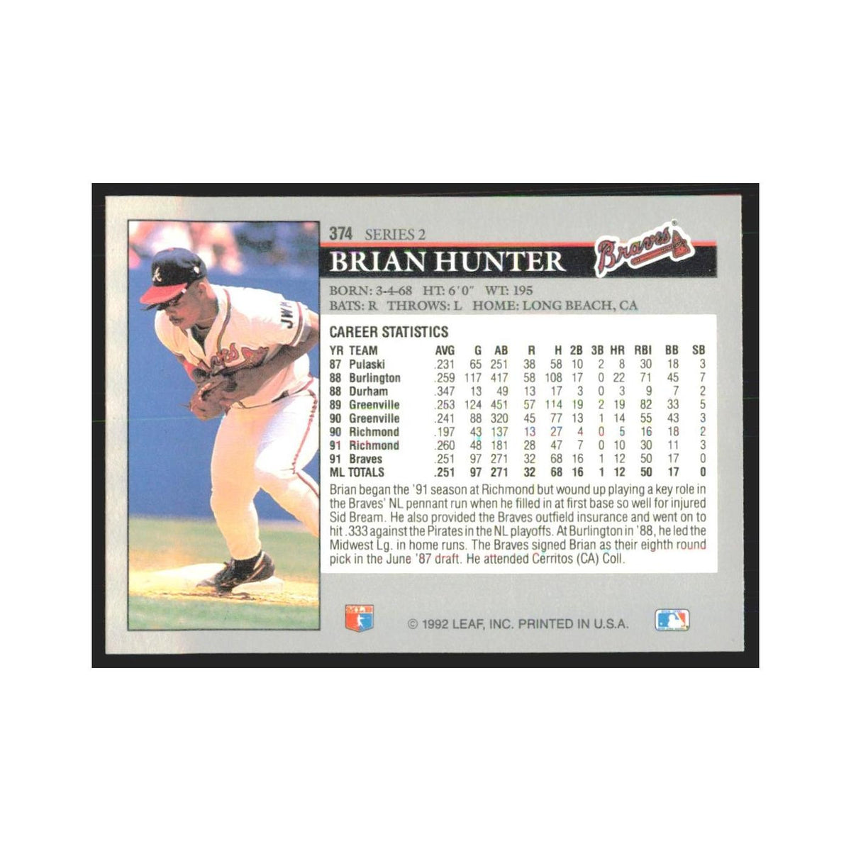 1992 Leaf Brian Hunter Braves #374.0
