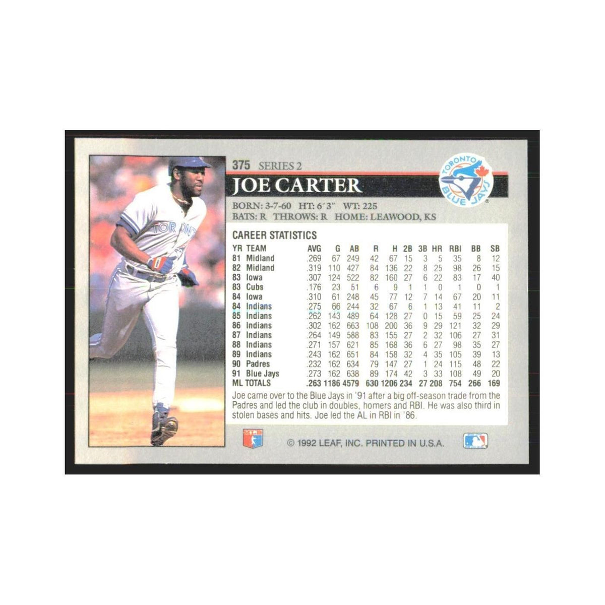 1992 Leaf Joe Carter Blue Jays #375.0