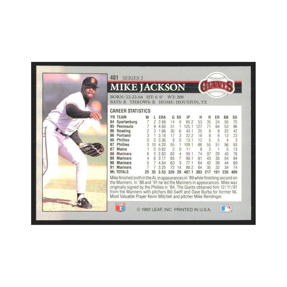 1992 Leaf Mike Jackson Giants #481.0