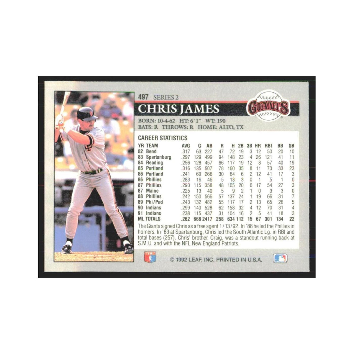 1992 Leaf Chris James Giants #497.0
