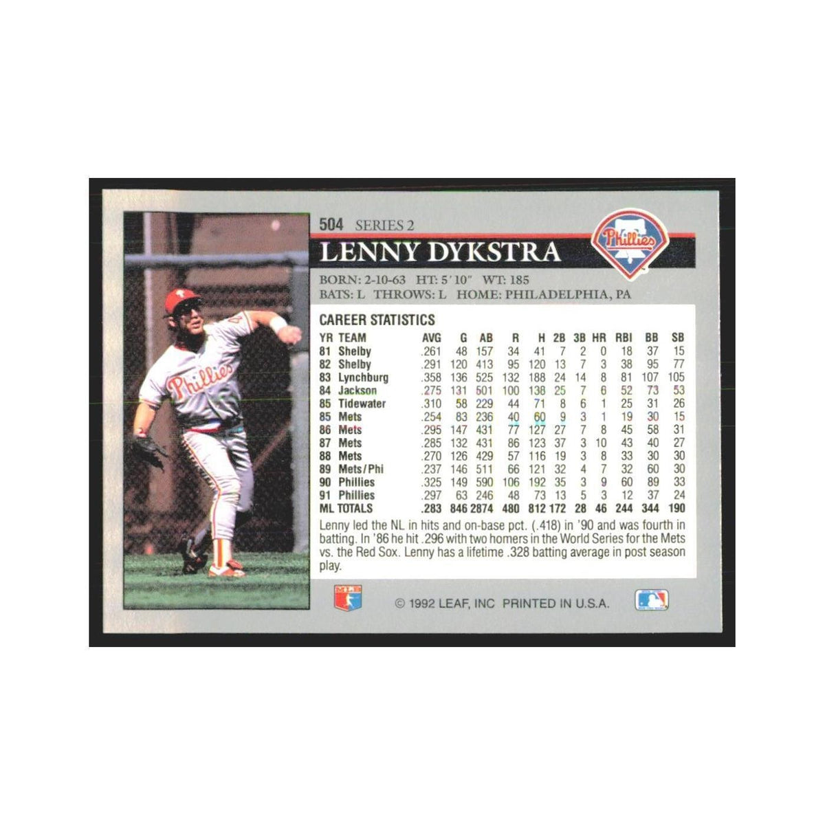 1992 Leaf Lenny Dykstra Phillies #504.0