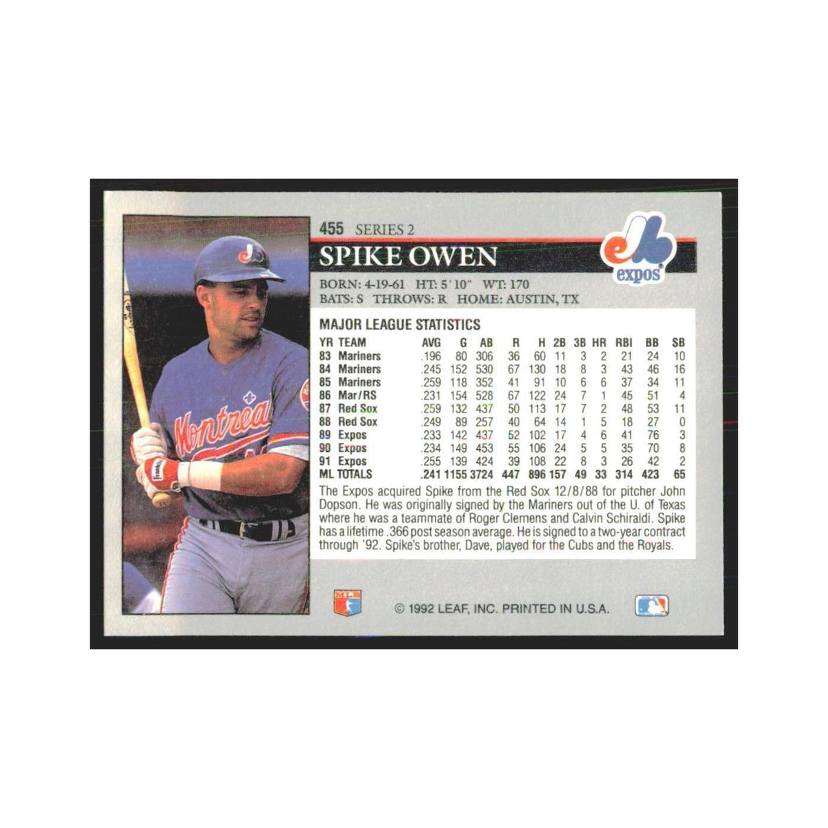 1992 Leaf Spike Owen Montreal Expos #455.0