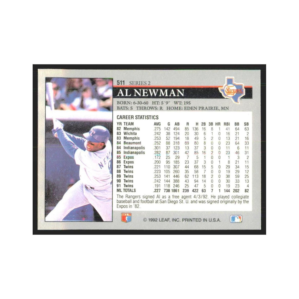 1992 Leaf Al Newman Rangers #511.0