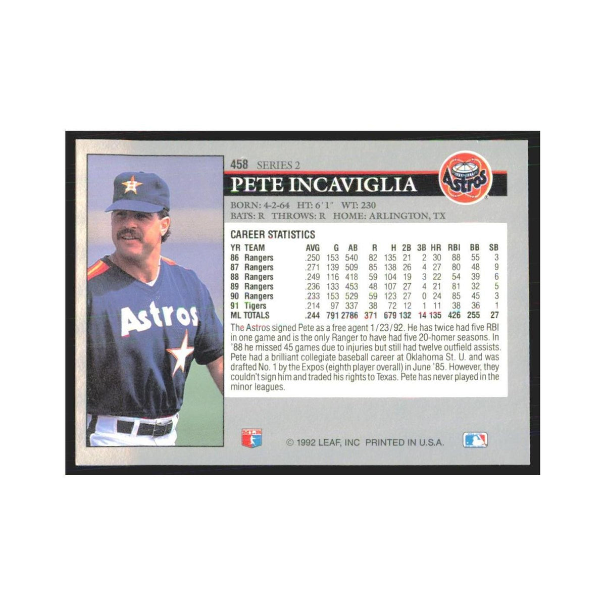 1992 Leaf Pete Incaviglia Astros #458.0