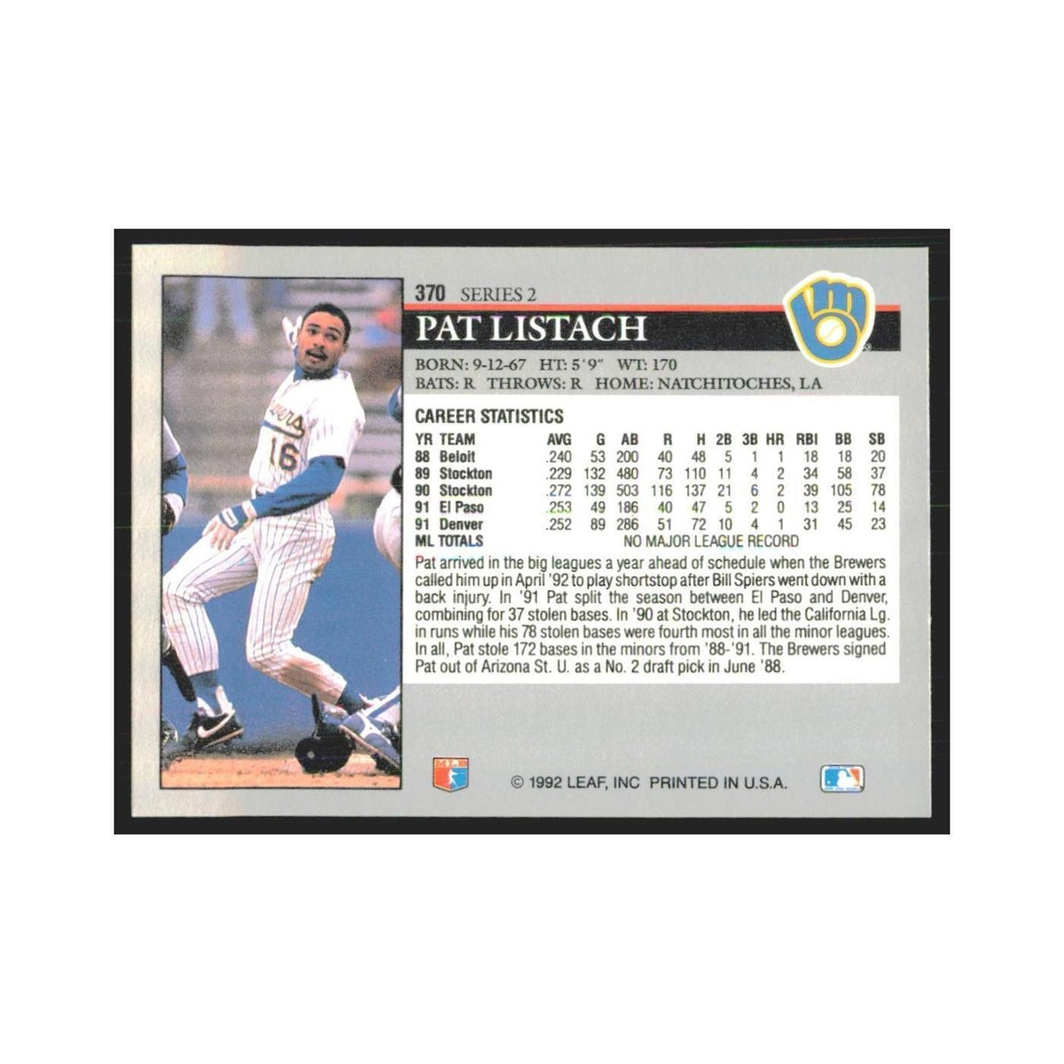 1992 Leaf Pat Listach Brewers #370.0