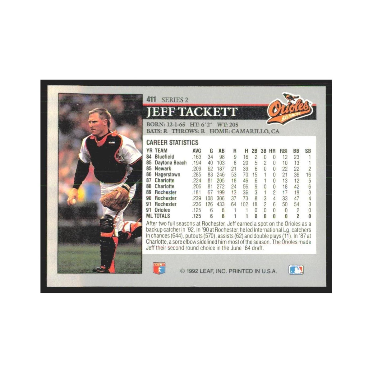 1992 Leaf Jeff Tackett Orioles #411.0