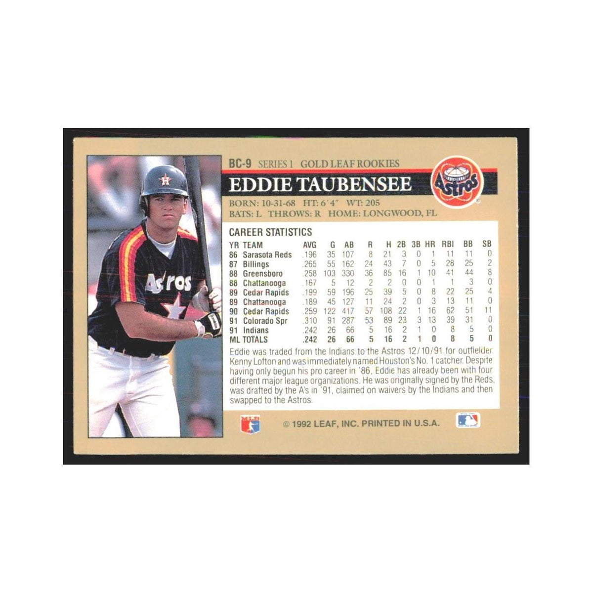 1992 Leaf Eddie Taubensee Astros #BC-9