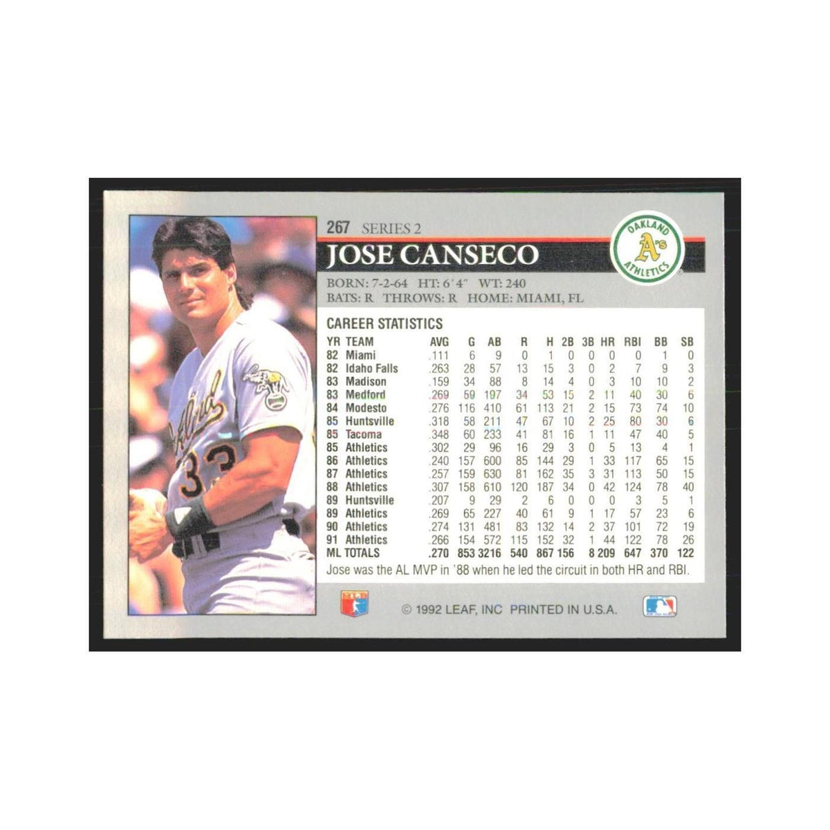 1992 Leaf Jose Canseco Athletics #267