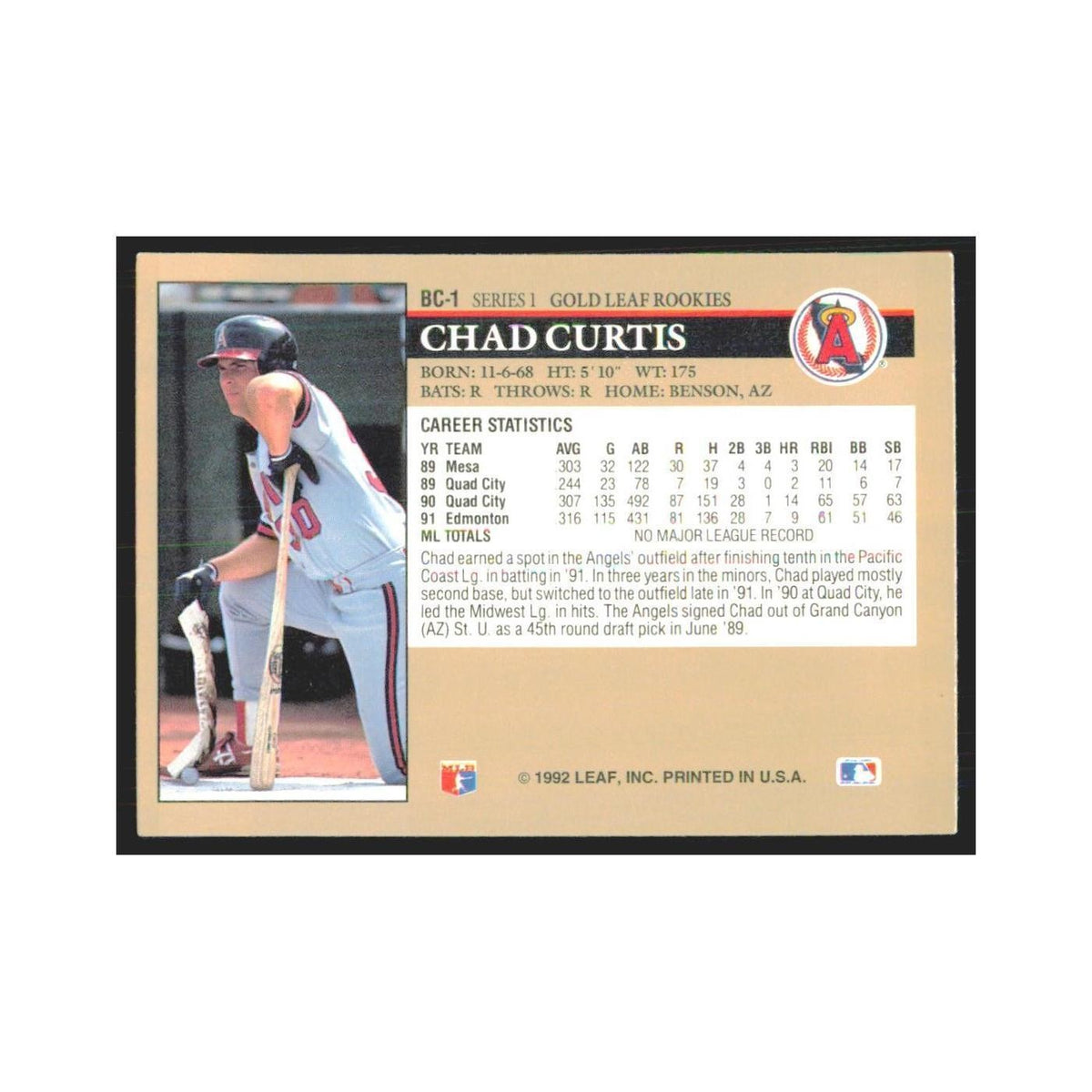 1992 Leaf Chad Curtis Angels #BC-1