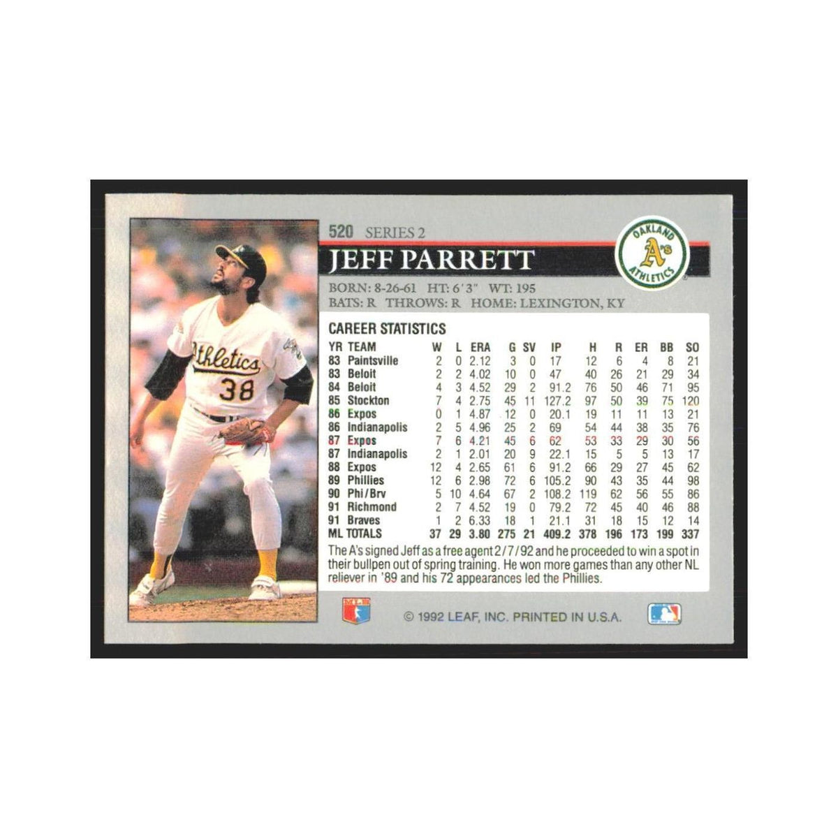 1992 Leaf Jeff Parrett Athletics #520