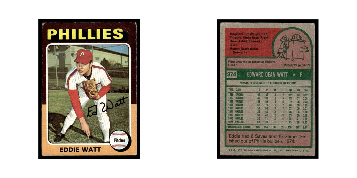 Eddie Watt 1975 Topps (damaged) #374 Philadelphia Phillies Baseball Card Poor