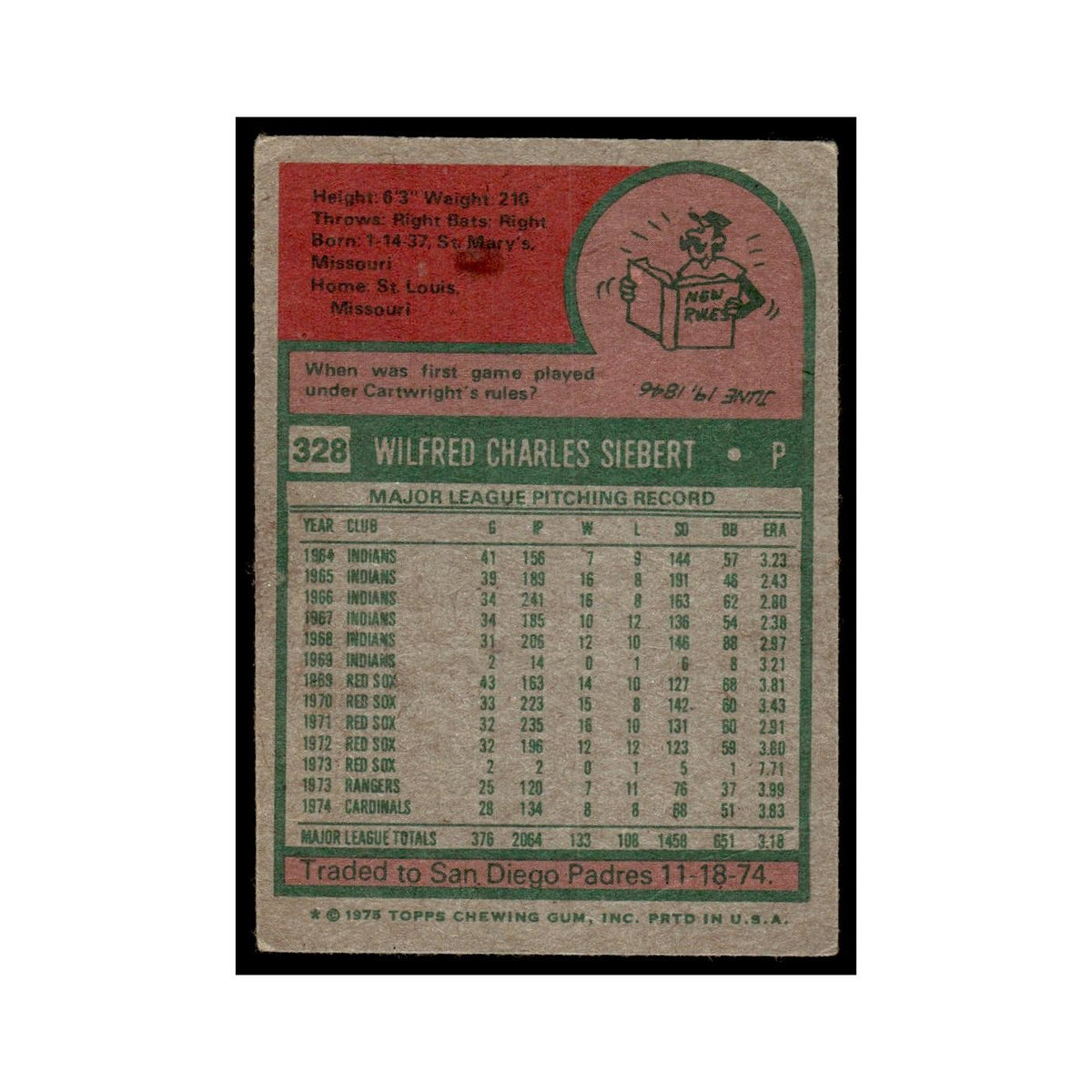Sonny Siebert 1975 Topps (damaged) #328 St. Louis Cardinals Baseball Card Poor