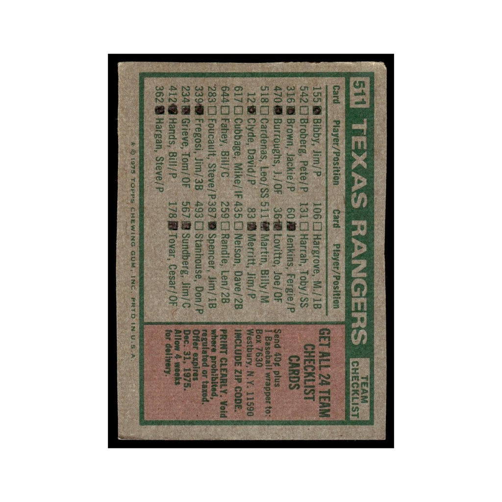 Texas Rangers - Billy Martin 1975 Topps (damaged) #511 Baseball Card Poor
