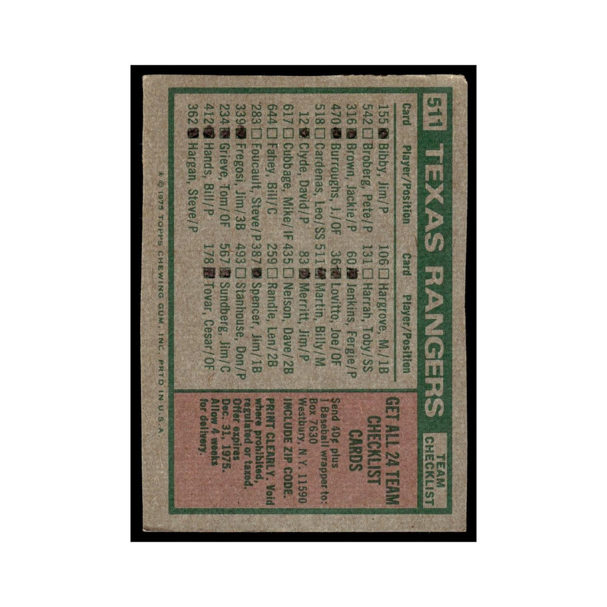 Texas Rangers - Billy Martin 1975 Topps (damaged) #511 Baseball Card Poor