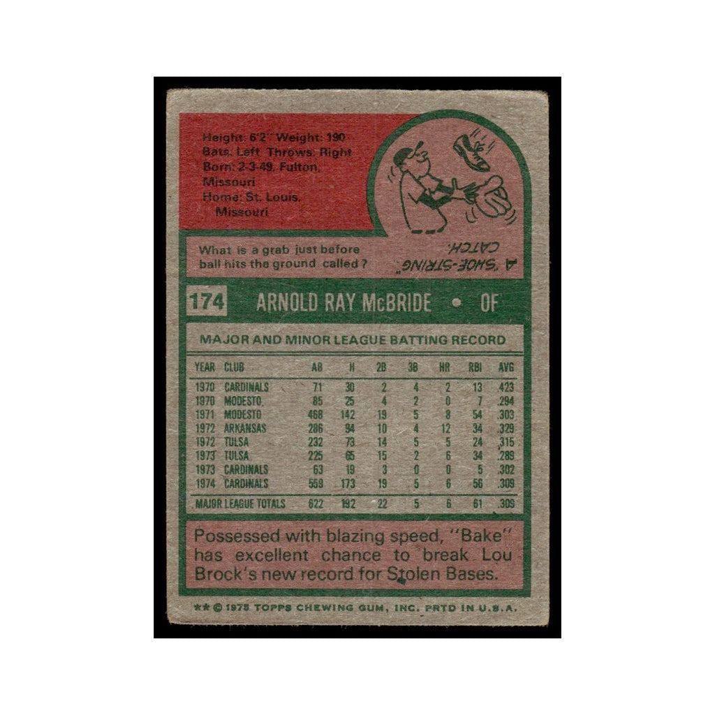 Bake McBride 1975 Topps (damaged) #174 St. Louis Cardinals Baseball Card Poor