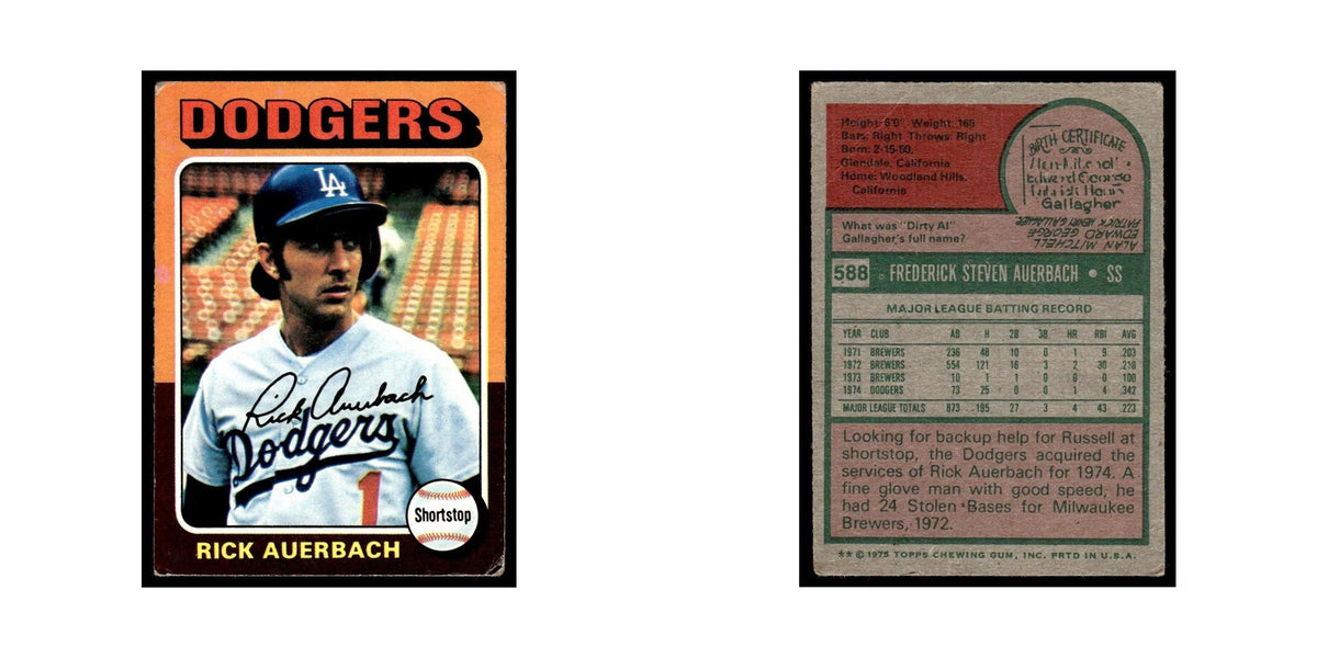 Rick Auerbach 1975 Topps (damaged) #588 Los Angeles Dodgers Baseball Card Poor