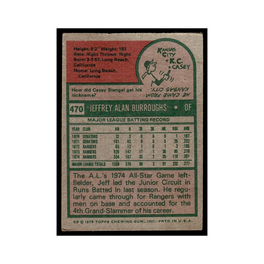 Jeff Burroughs 1975 Topps (damaged) #470 Texas Rangers Baseball Card Poor