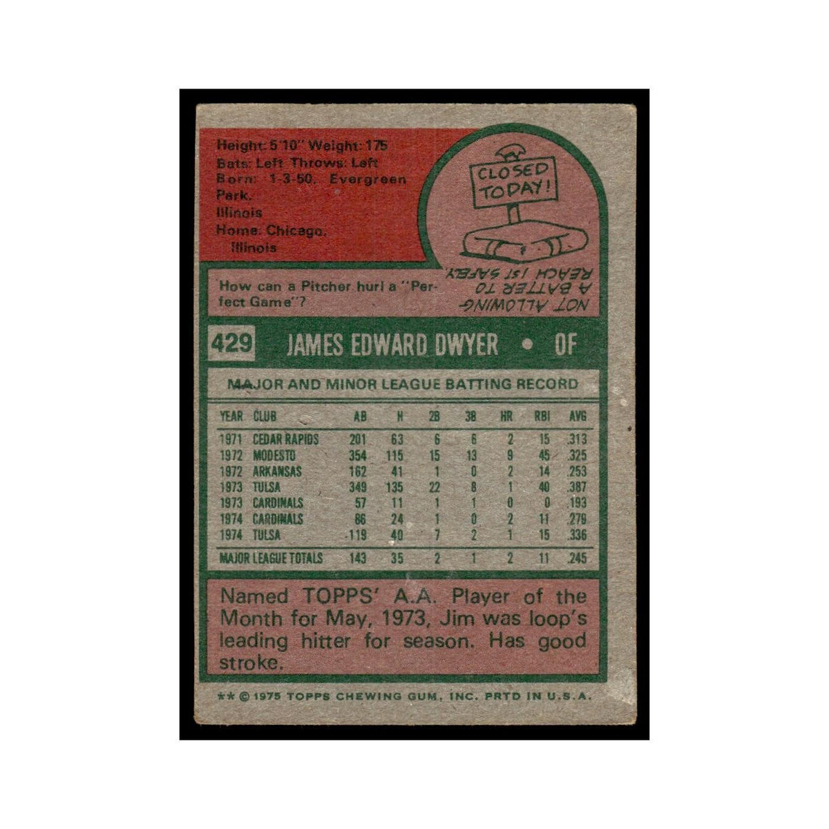 Jim Dwyer Rookie 1975 Topps (damaged) #429 St. Louis Cardinals Poor