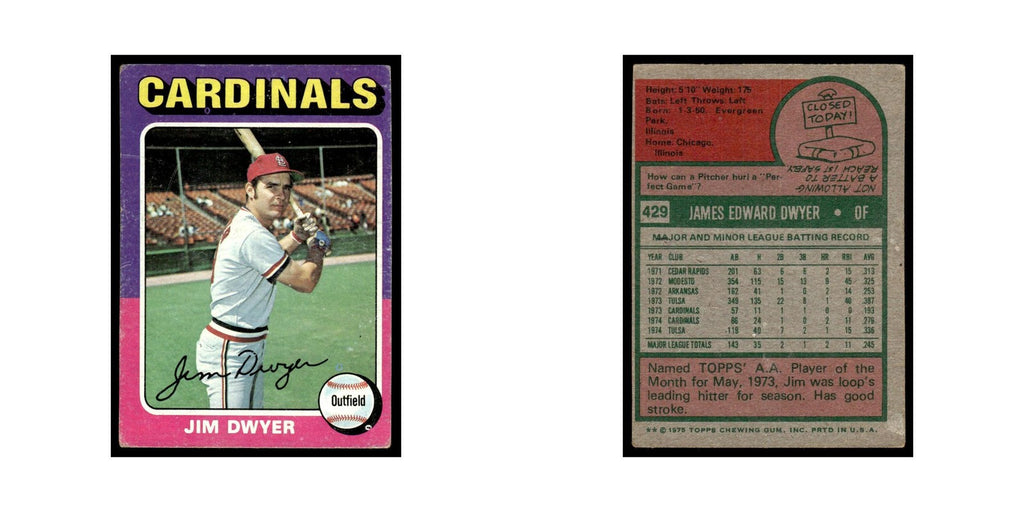 Jim Dwyer Rookie 1975 Topps (damaged) #429 St. Louis Cardinals Poor