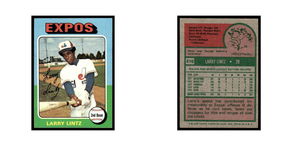 Larry Lintz 1975 Topps (damaged) #416 Montreal Expos Baseball Card Poor