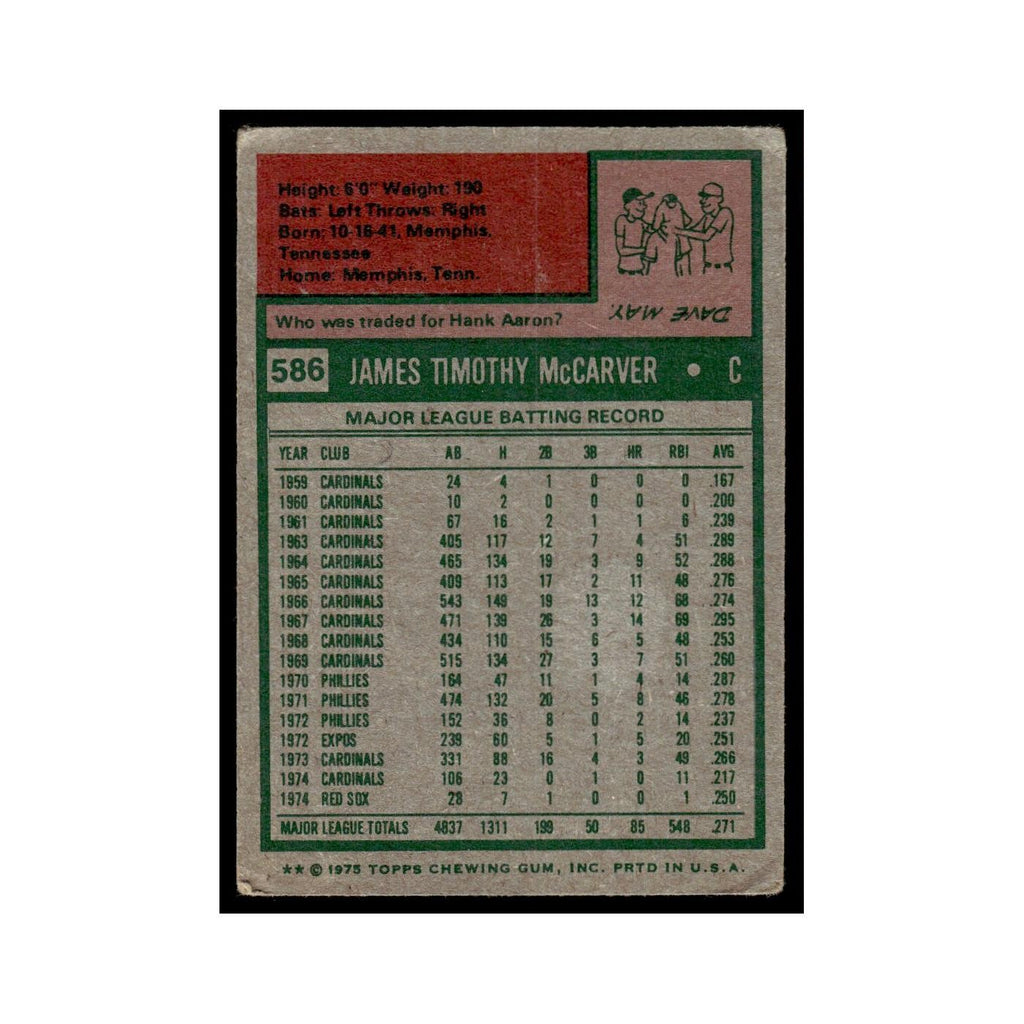 Tim McCarver 1975 Topps (damaged) #586 Boston Red Sox Baseball Card Poor