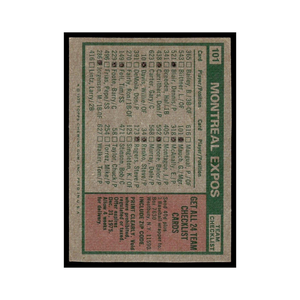 Montreal Expos - Gene Mauch 1975 Topps (damaged) #101 Baseball Card Poor