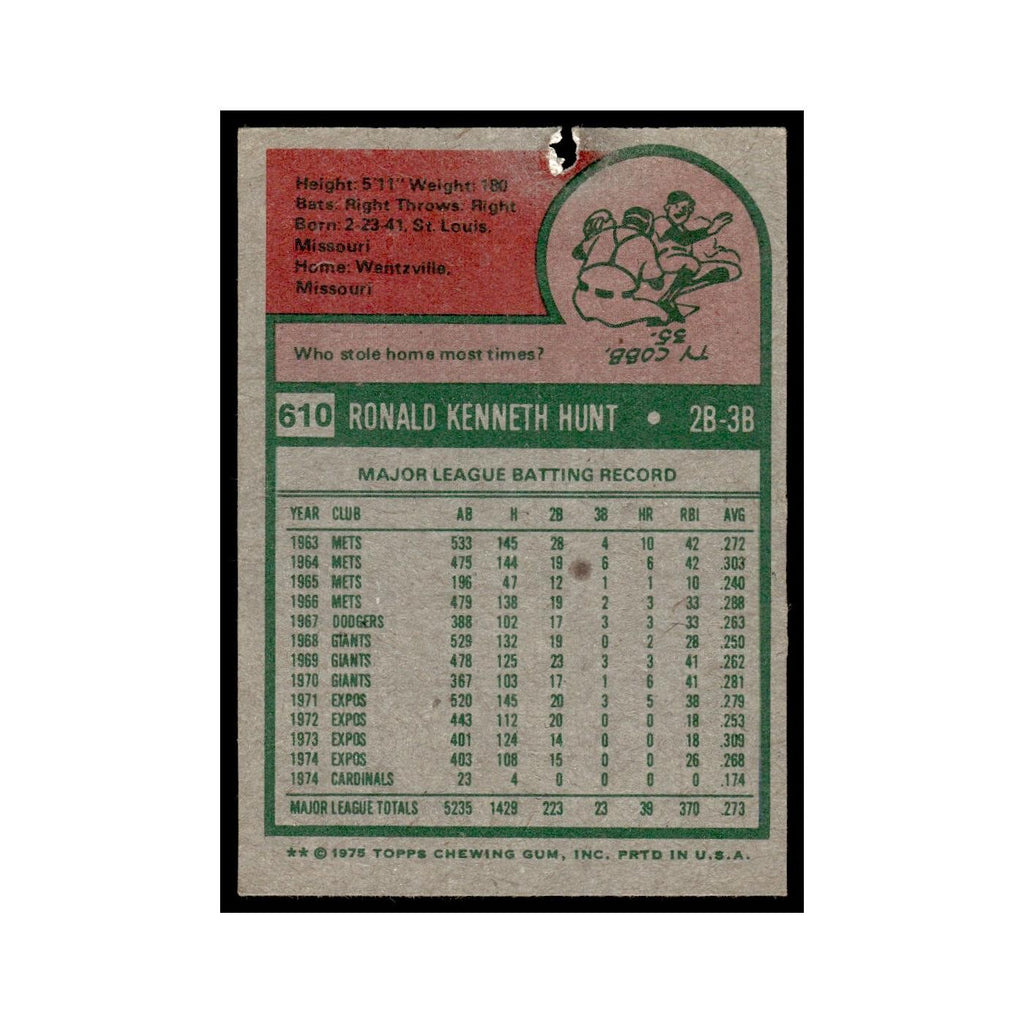 Ron Hunt 1975 Topps (damaged) #610 St. Louis Cardinals Baseball Card Poor
