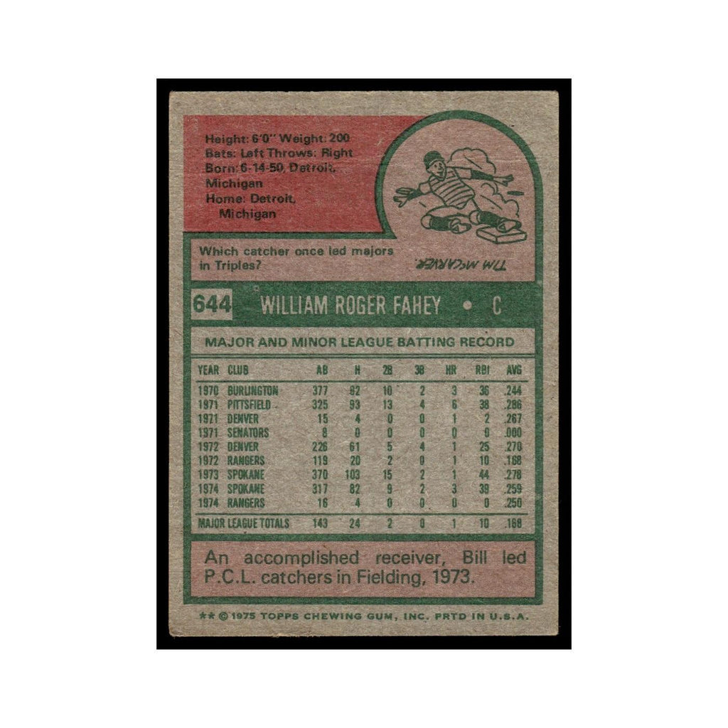 Bill Fahey 1975 Topps (damaged) #644 Texas Rangers Baseball Card Poor