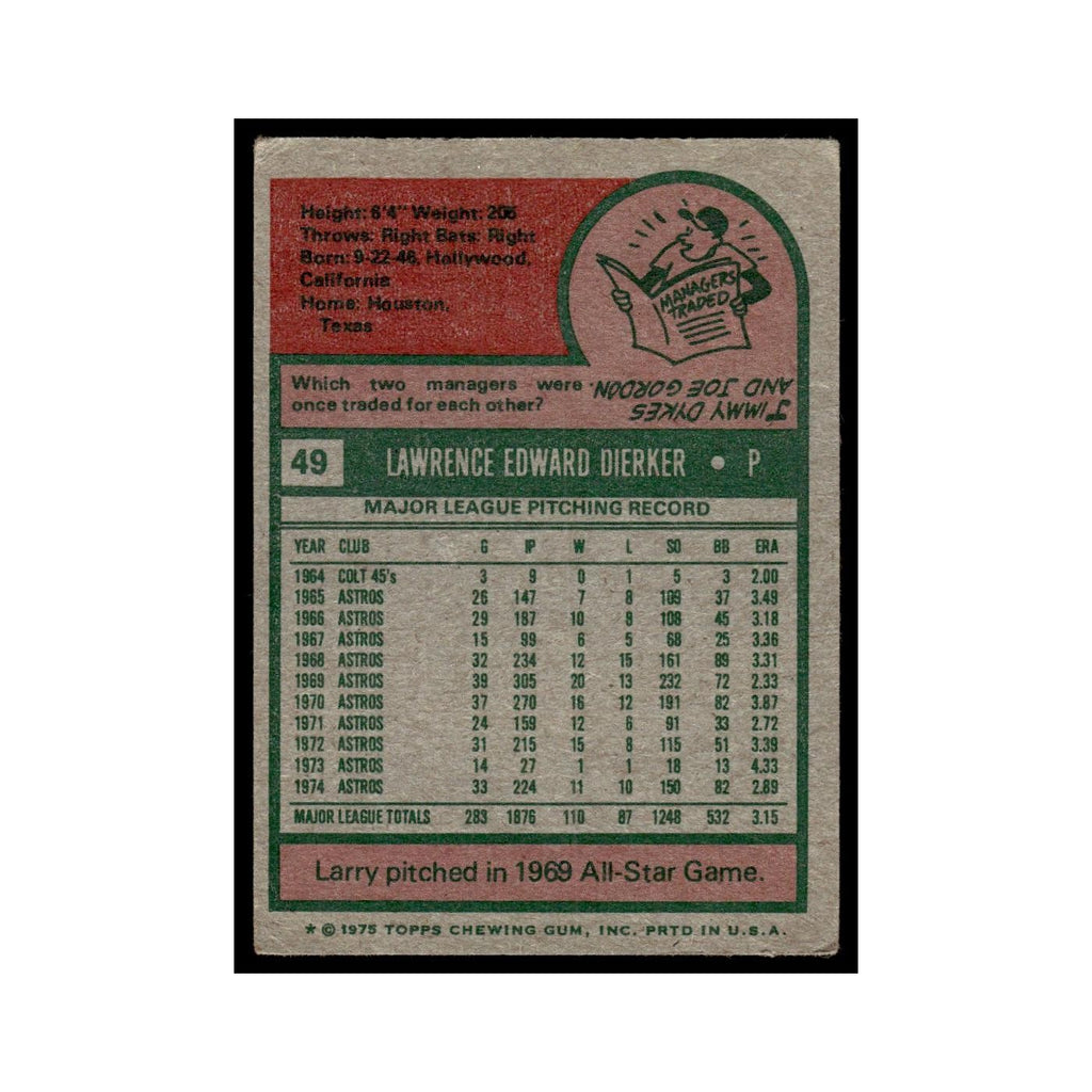 Larry Dierker 1975 Topps (damaged) #49 Houston Astros Baseball Card Poor