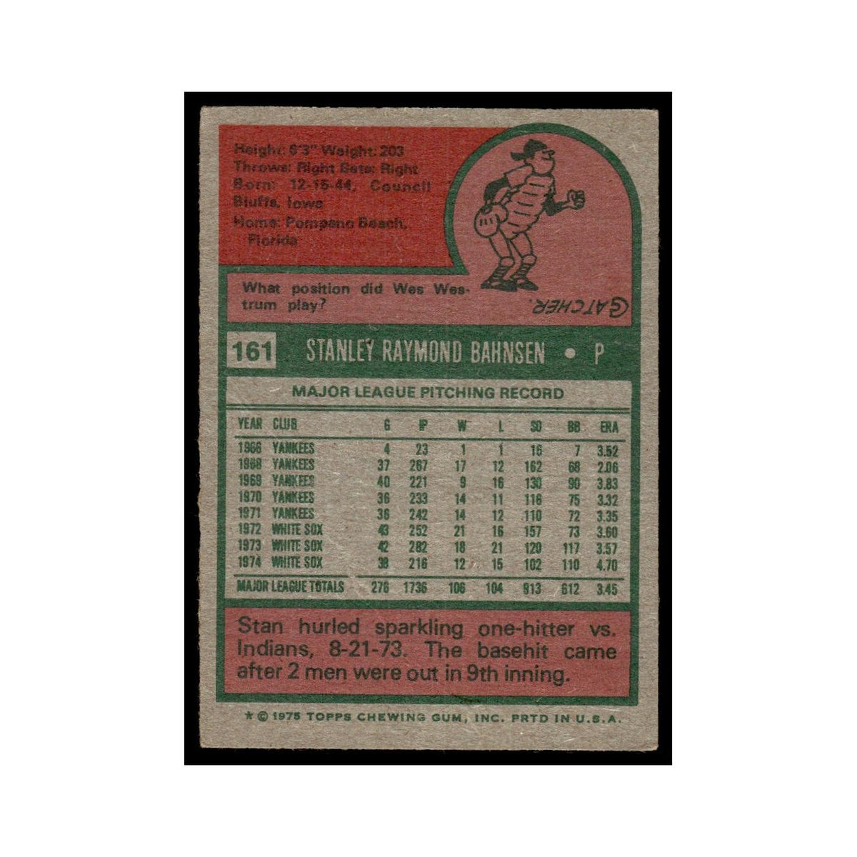 Stan Bahnsen 1975 Topps (damaged) #161 Chicago White Sox Baseball Card Poor