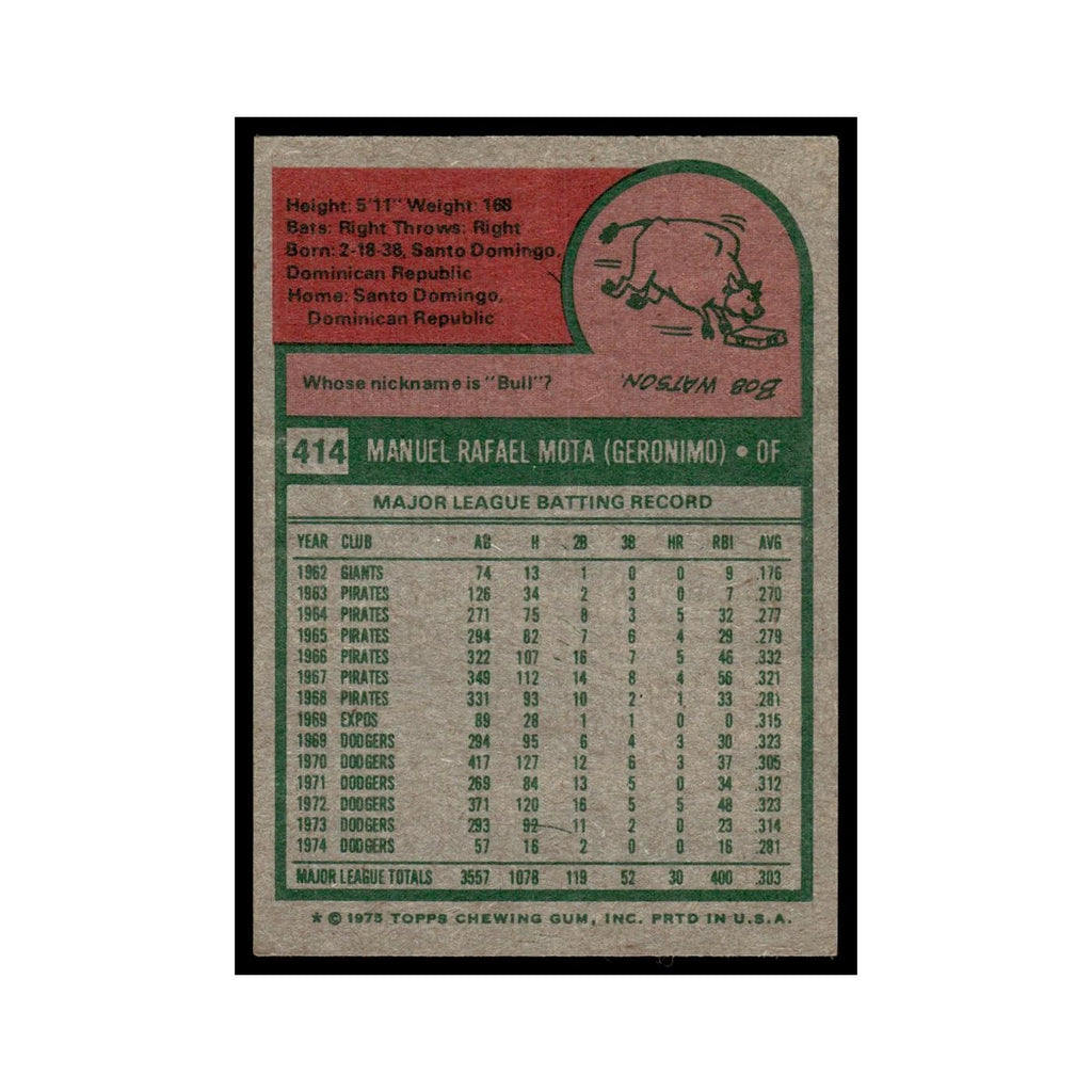Manny Mota 1975 Topps (damaged) #414 Los Angeles Dodgers Baseball Card Poor
