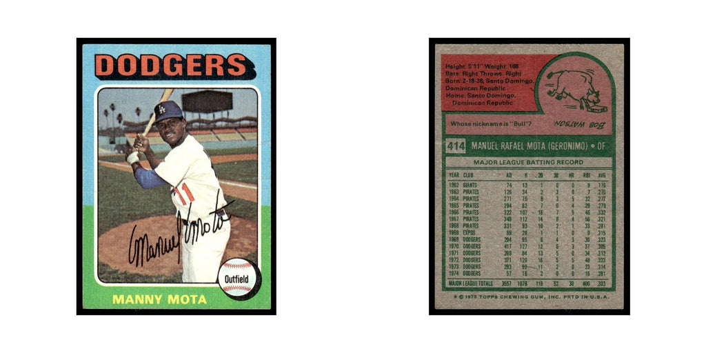 Manny Mota 1975 Topps (damaged) #414 Los Angeles Dodgers Baseball Card Poor