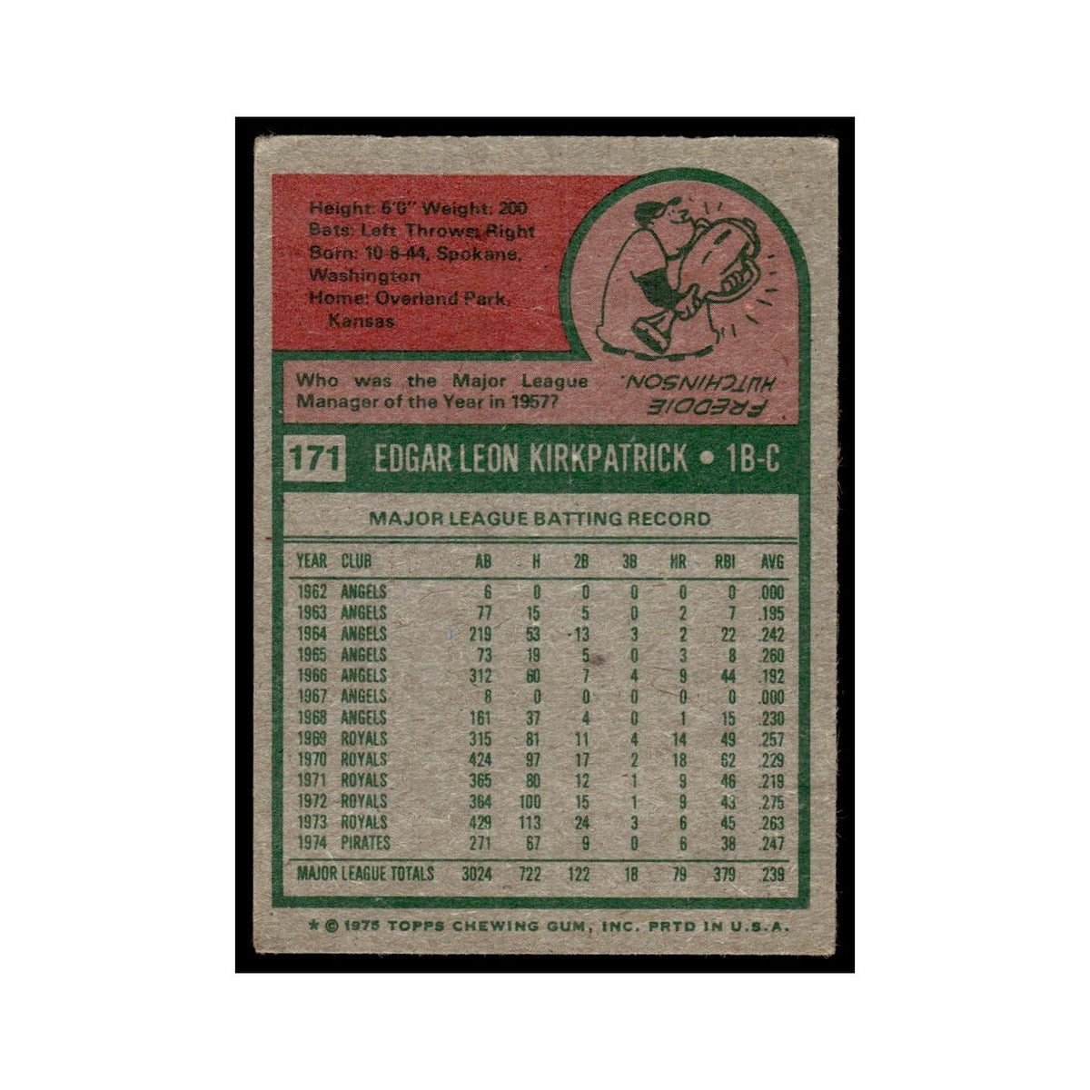 Ed Kirkpatrick 1975 Topps (damaged) #171 Pittsburgh Pirates Baseball Card Poor