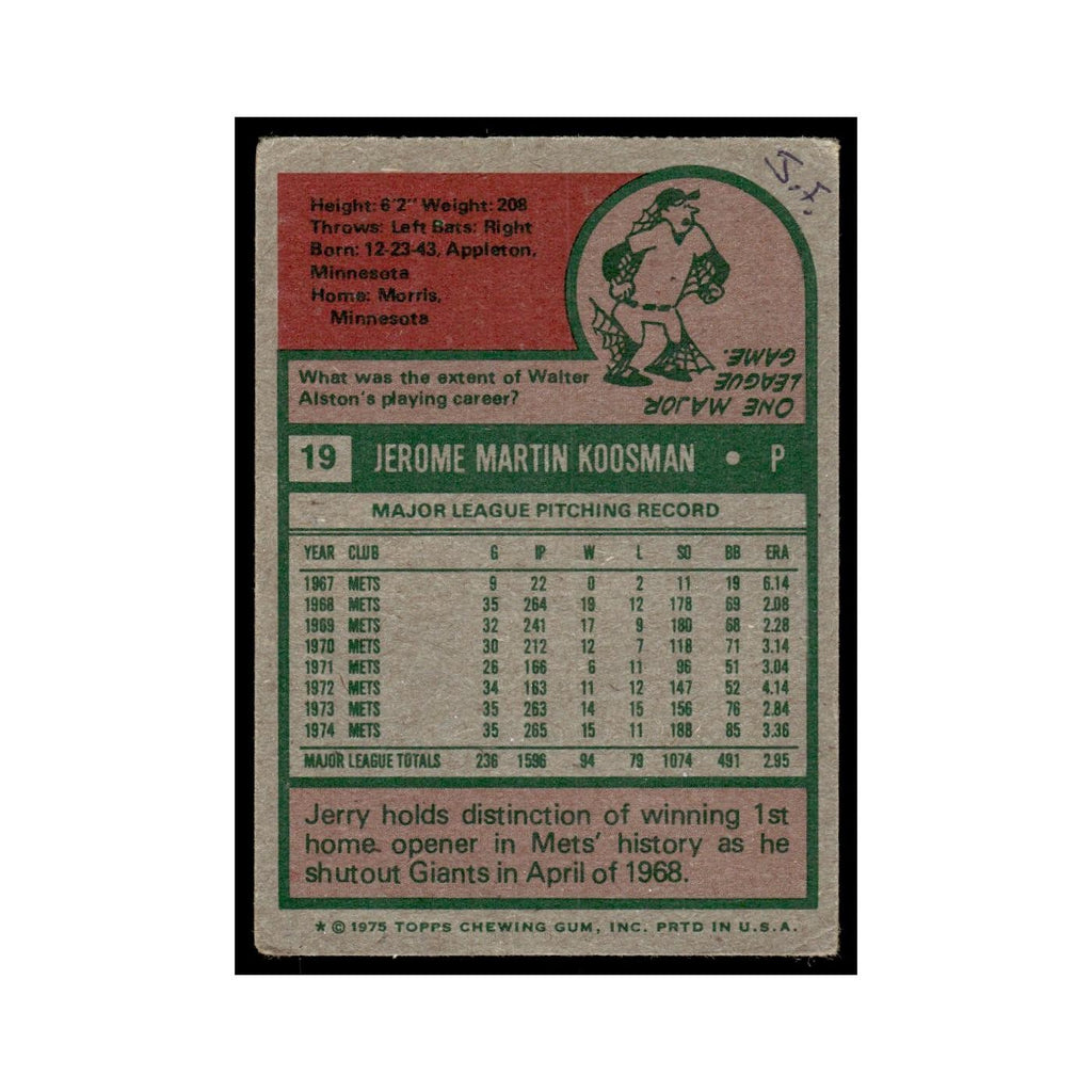 Jerry Koosman 1975 Topps (damaged) #19 New York Mets Baseball Card Poor